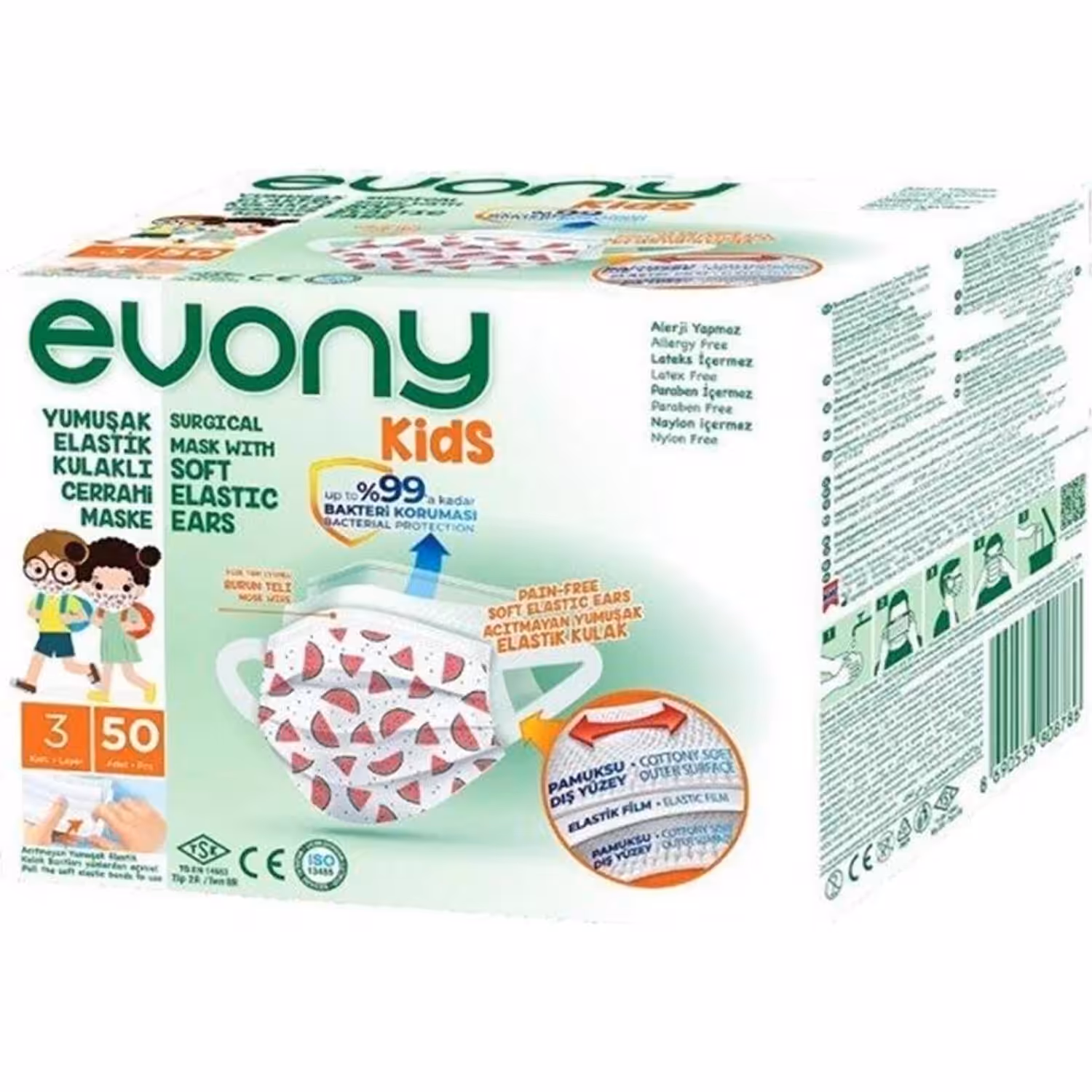 Evony Kids Elastik Kulaklıklı Cerrahi Çocuk Maskesi 50'li